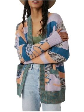 Free People Patchwork Graphic Cardigan in Lavender, Teal & Peach